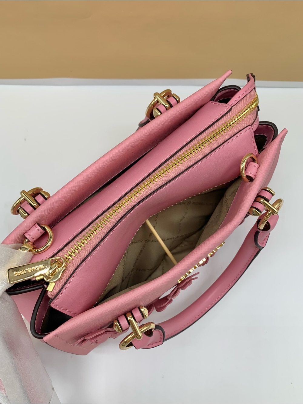 NWT Michael Kors Marilyn Small Floral Embellished Satchel Carnation color - Picture 9 of 13
